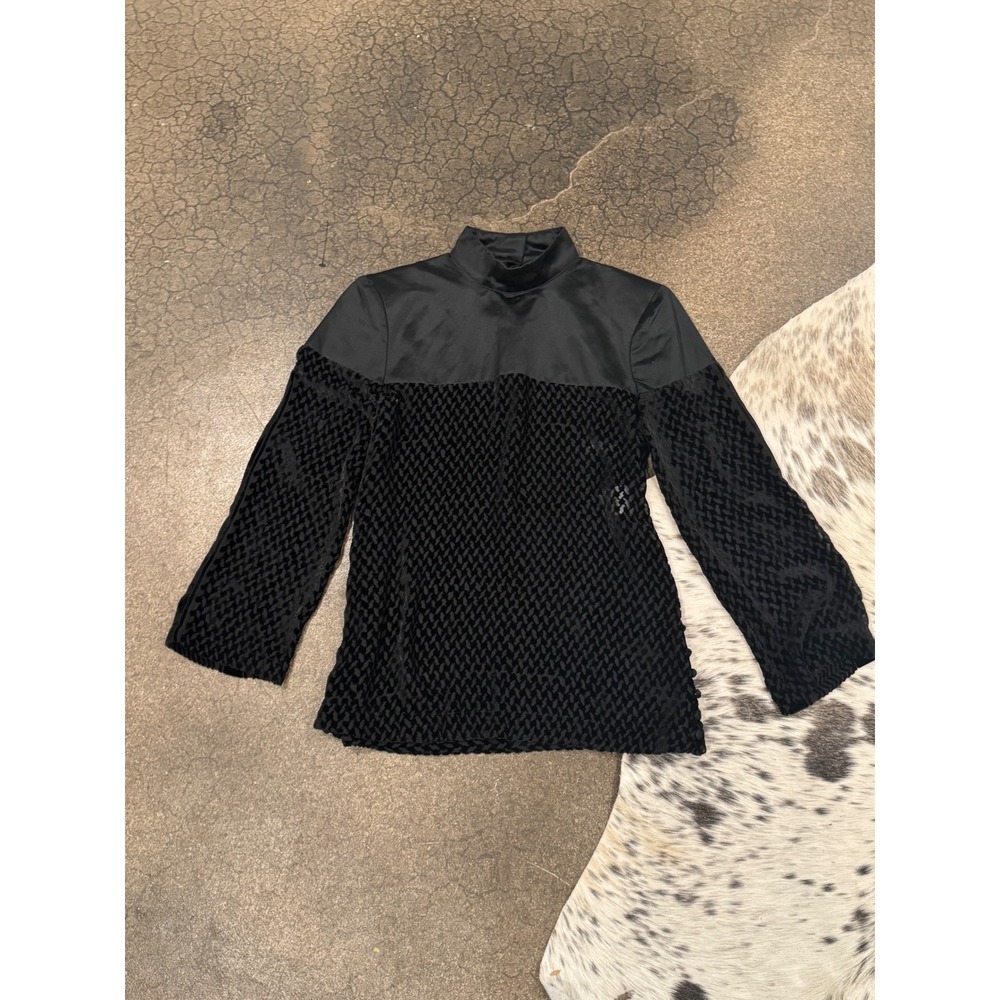 Cecilie Copenhagen Black Velvet Textured Top Mock Neck Long Sleeve Blouse - Picture 2 of 10